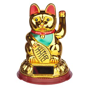 Boneco Solar Gato Chinês da Sorte Maneki Neko Dourado